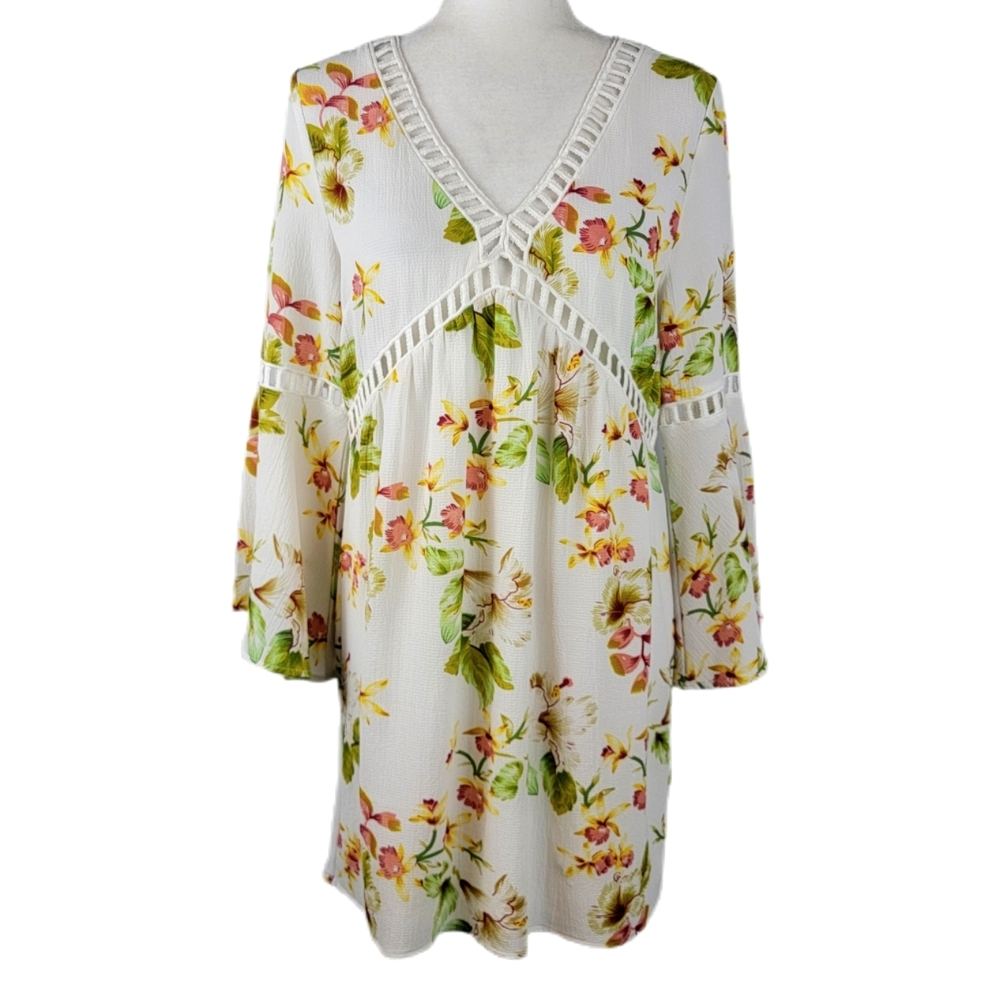 Entro White Boho Floral Print Bell Sleeves Dress Small NWOT